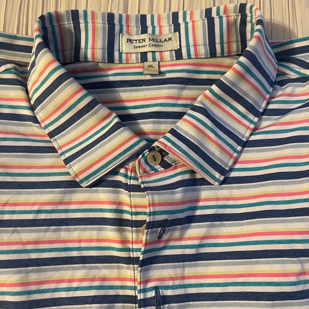 Peter Millar,‎ summer comfort blue pink white striped short sleeve polo shirt XL